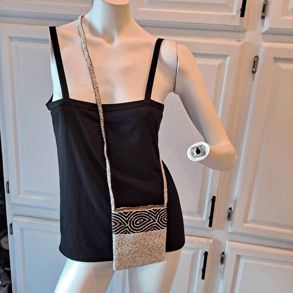 About Color Stylish Black and Cream Beaded Crossbody Bag